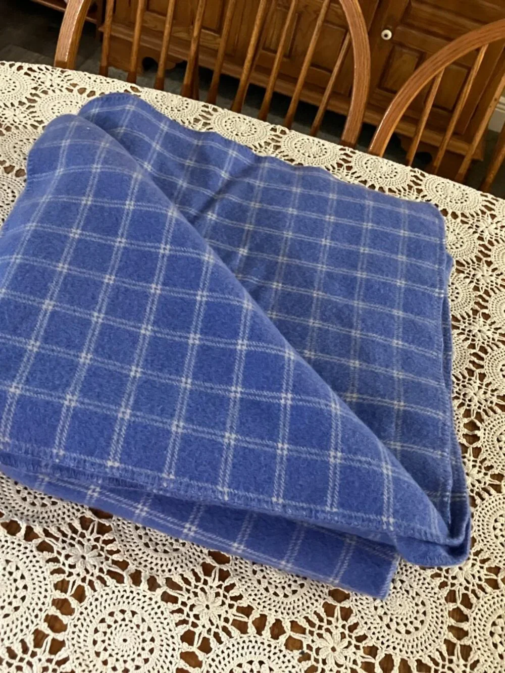 L. L. Bean Queen Size with Blue with White Plaid Striped Virgin Wool Blanket